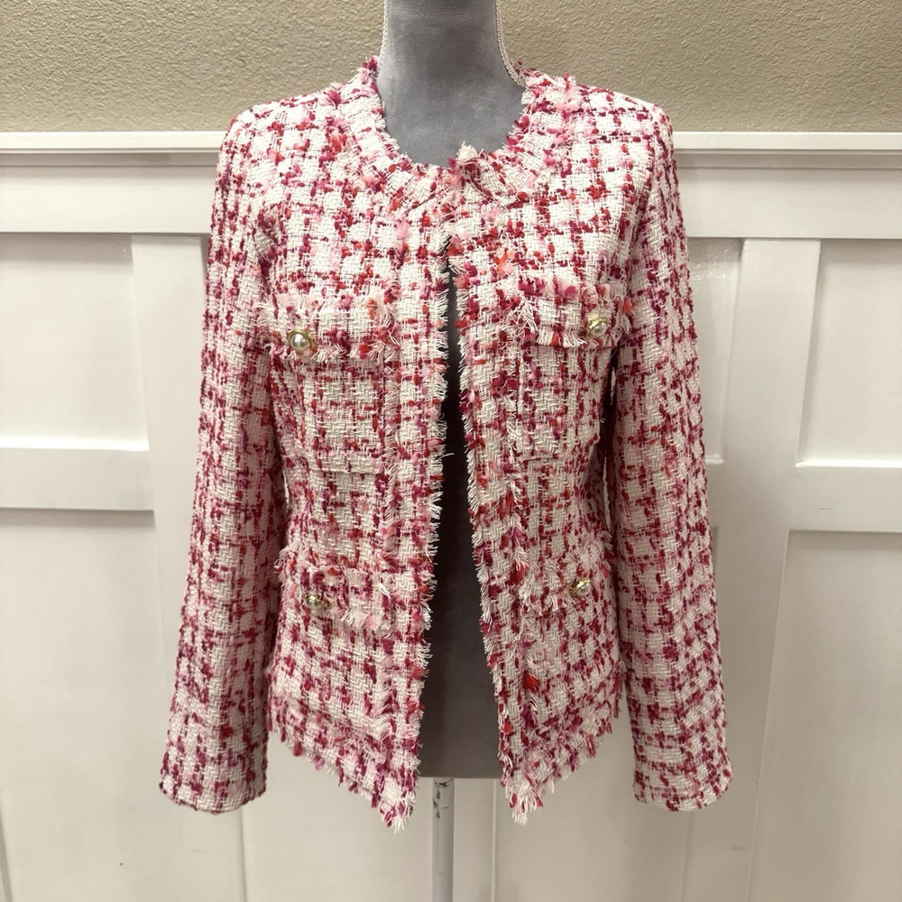 New Nanette Lepore Tweed Blazer Size:6 Textured Open Front Fringe MSRP:$138